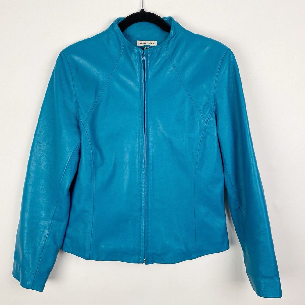 Yvonne Marie Teal Blue Genuine Leather Zip‎ Up Moto Biker Jacket Womens 6